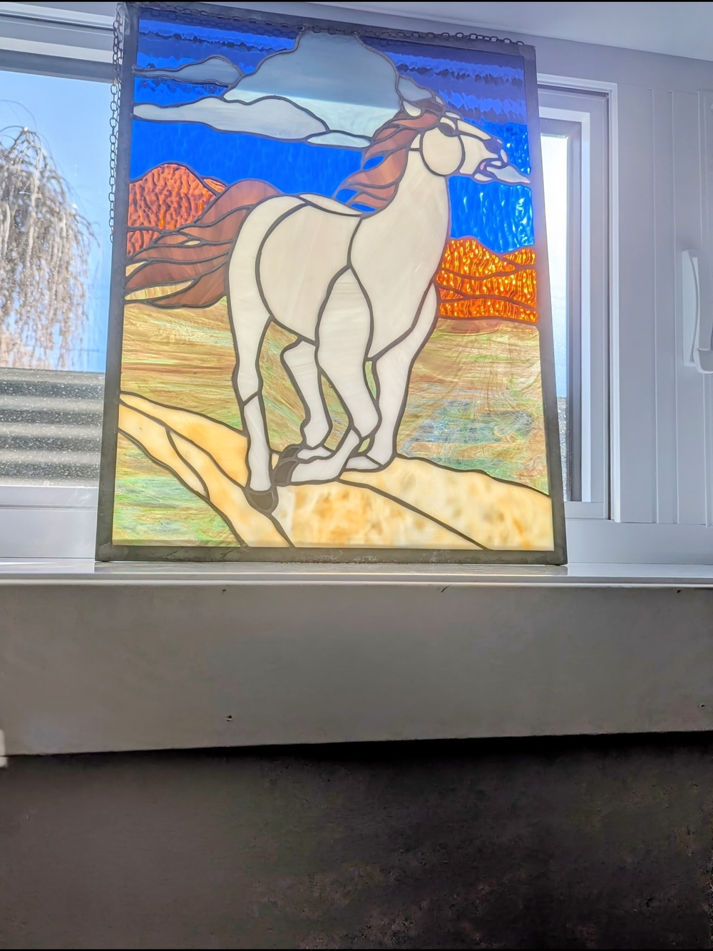 Stained Glass Horse Panel - White Horse with Blue Sky